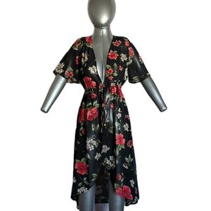 Sheer Black Floral High Low Robe Romantic Lingerie Layer Drawstring Women’s S